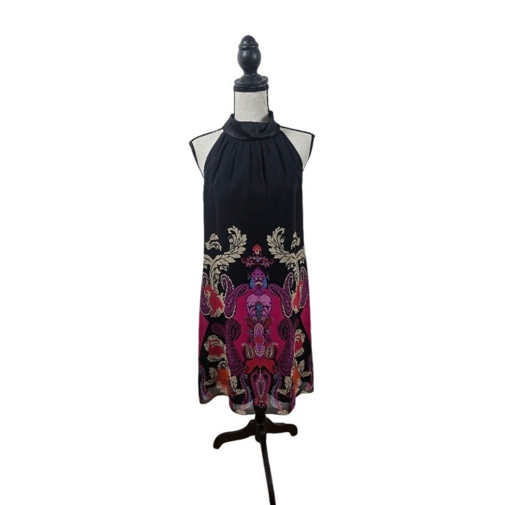 Democracy Silk Dress Womens 6 Black Pink Paisley Halter Neck Mock Neck Mini‎